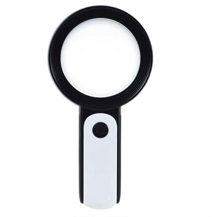 Handheld LED magnifying glass with 30x power for reading, low vision aid, and hobby tasks.