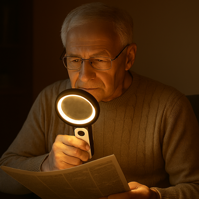 30x handheld LED magnifying glass for seniors, low vision, reading small print, and detailed crafting.