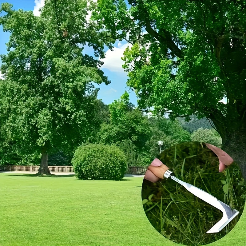 Durable handheld weed remover with stainless steel blade & ergonomic wooden handle for precision work on garden paths.