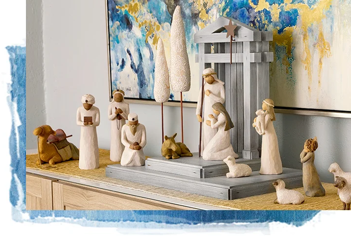 Wooden nativity scene figures, handcrafted with a rustic finish, ideal for religious decor