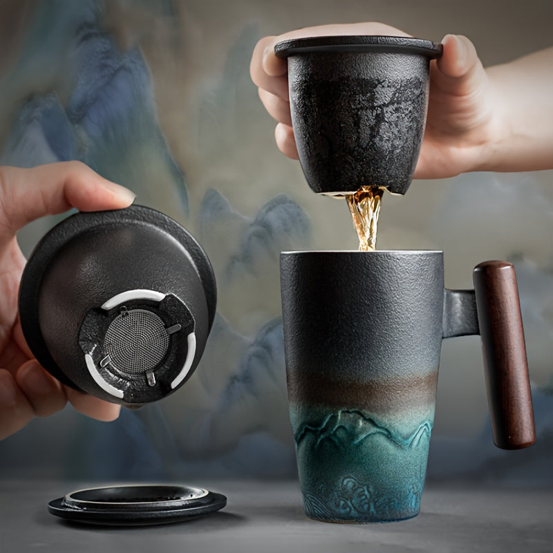 Handmade ceramic tea mug with a built-in infuser & elegant wood handle, perfect for loose leaf tea.