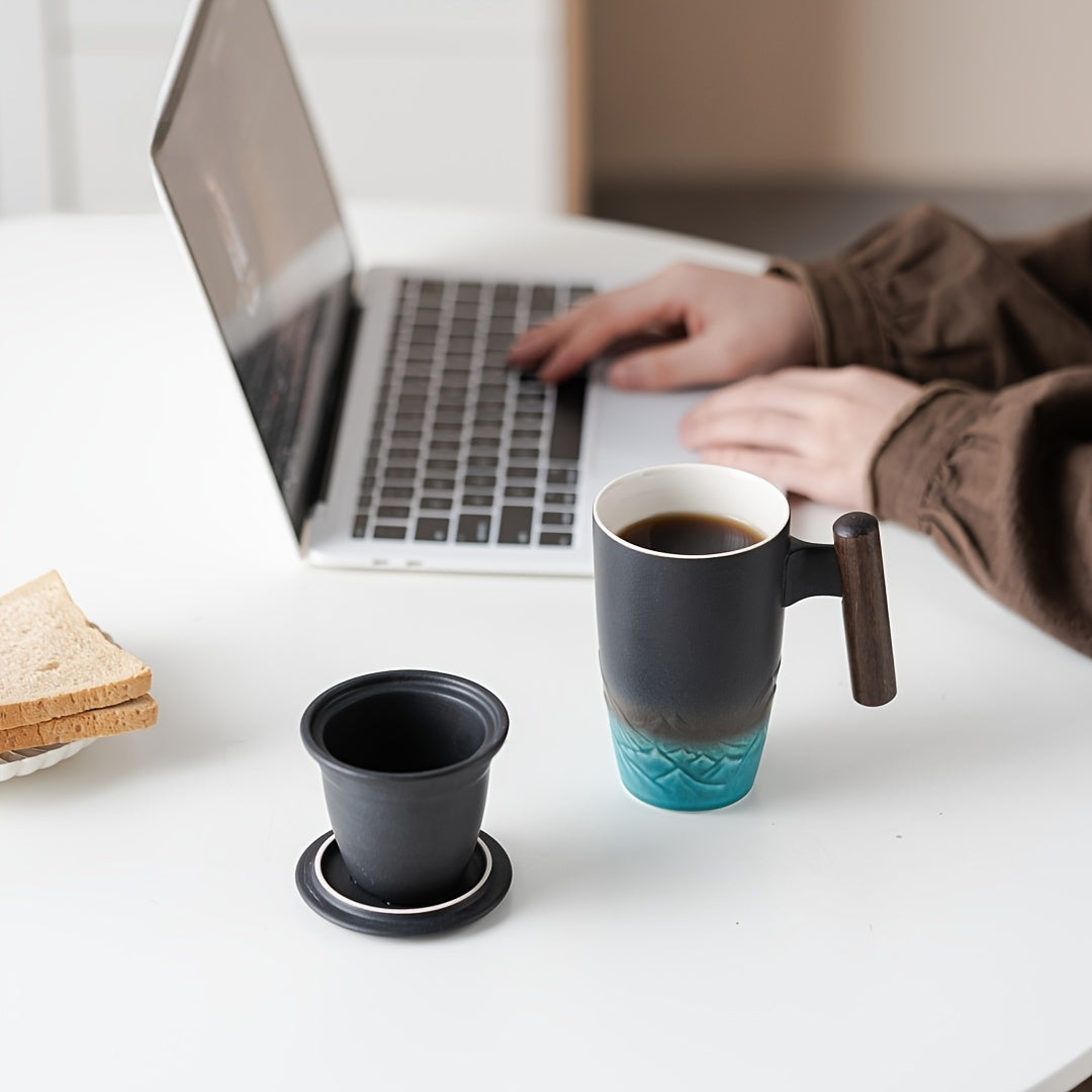 Authentic handmade ceramic tea mug, perfect for loose leaf tea, with a removable infuser & wooden handle.