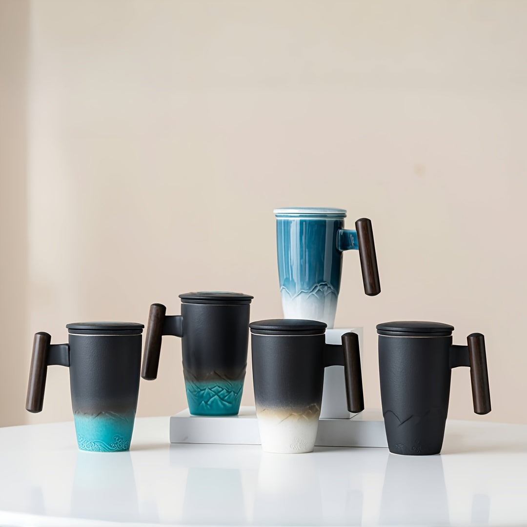 Versatile handmade ceramic mug with infuser & wood handle, great for loose leaf tea or other hot drinks.
