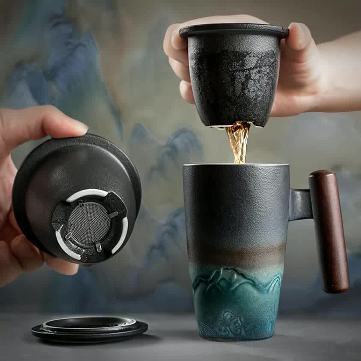 Enjoy loose leaf tea with this authentic handmade ceramic tea mug, infuser, and comfortable wooden handle.