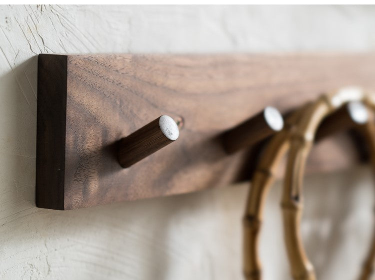 Handmade minimalist wooden coat rack, natural wood, Zen design, Japandi style hallway organizer.