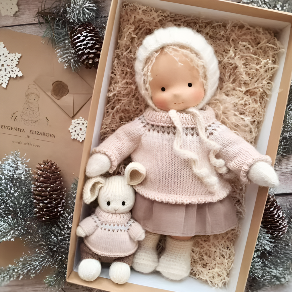 Close-up of a handmade Waldorf doll's gentle face, showcasing natural cotton details.