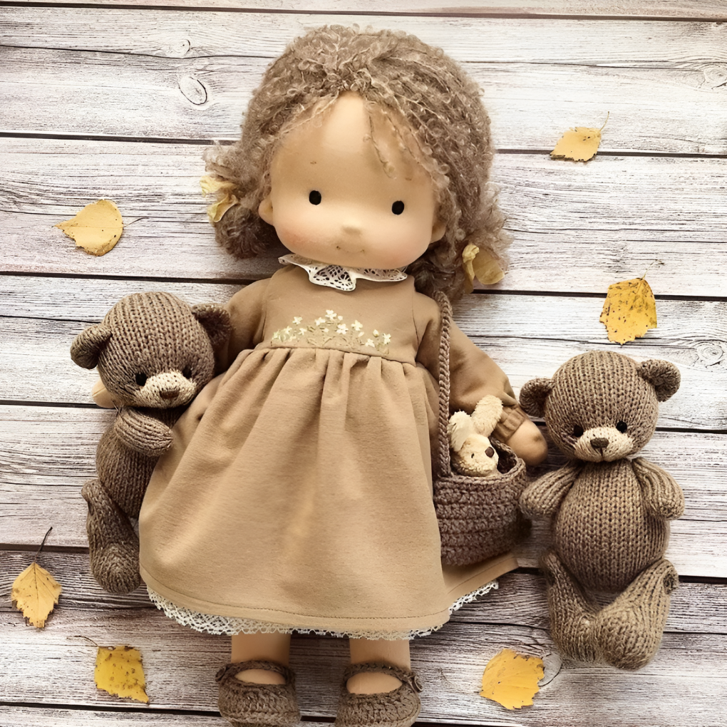 A Waldorf cuddly doll dressed in simple, natural fabrics, ready for play.