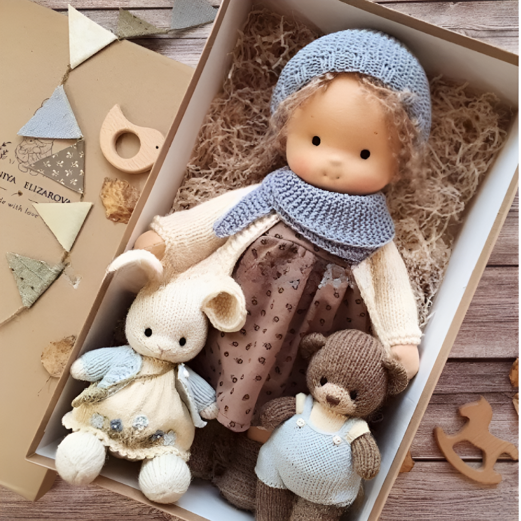 This handmade toy features a Waldorf doll with soft, hand-stitched features.