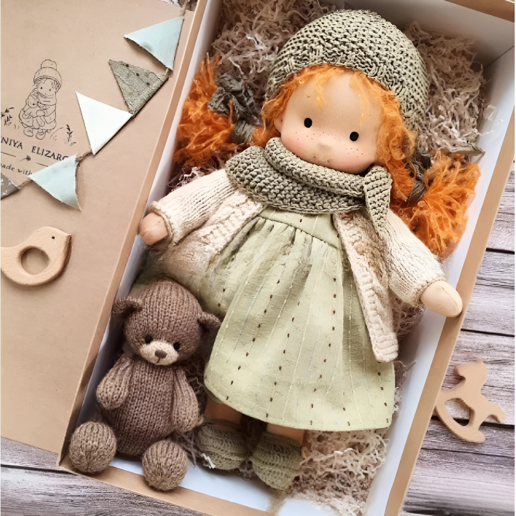 Natural materials like cotton and wool define this special Waldorf cuddly doll.