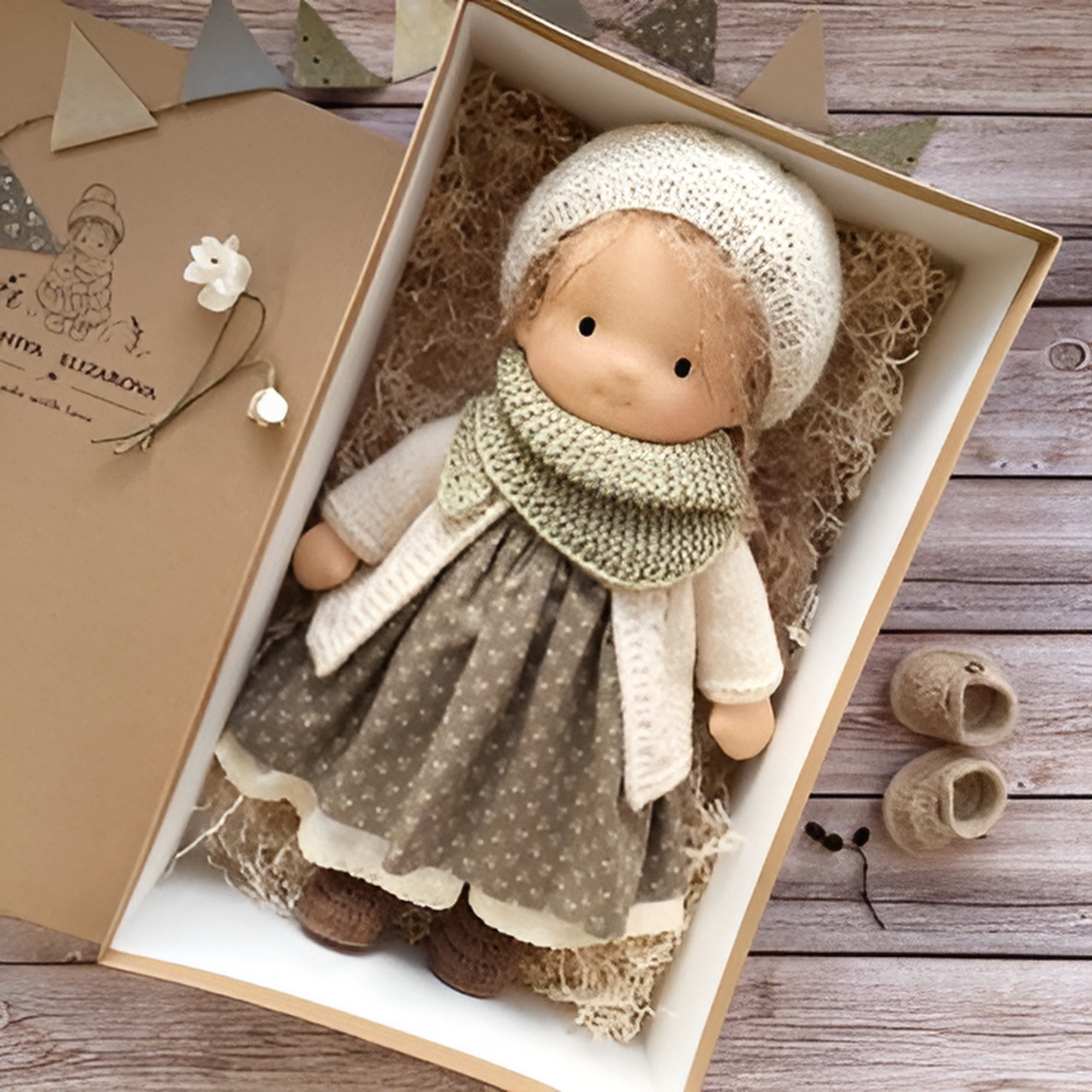 The tactile nature of this wool-stuffed Waldorf doll encourages exploration.