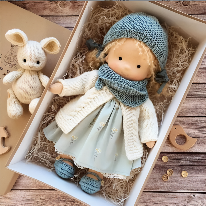 An heirloom Waldorf doll, a treasured keepsake for imaginative little ones.