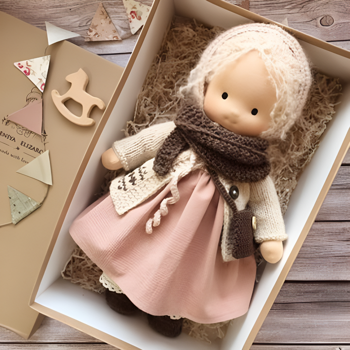 Soft cotton Waldorf doll, lovingly handmade with natural wool stuffing for cozy comfort.