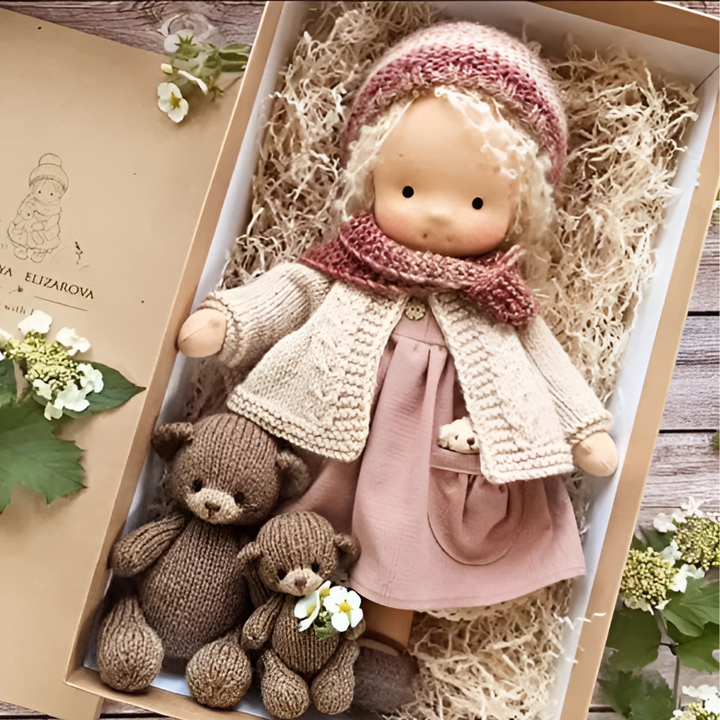 Red-haired Waldorf doll, bringing vibrant energy to imaginative play.