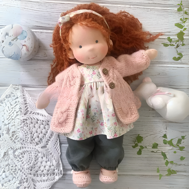This Waldorf doll is made from organic cotton, ensuring a soft touch.