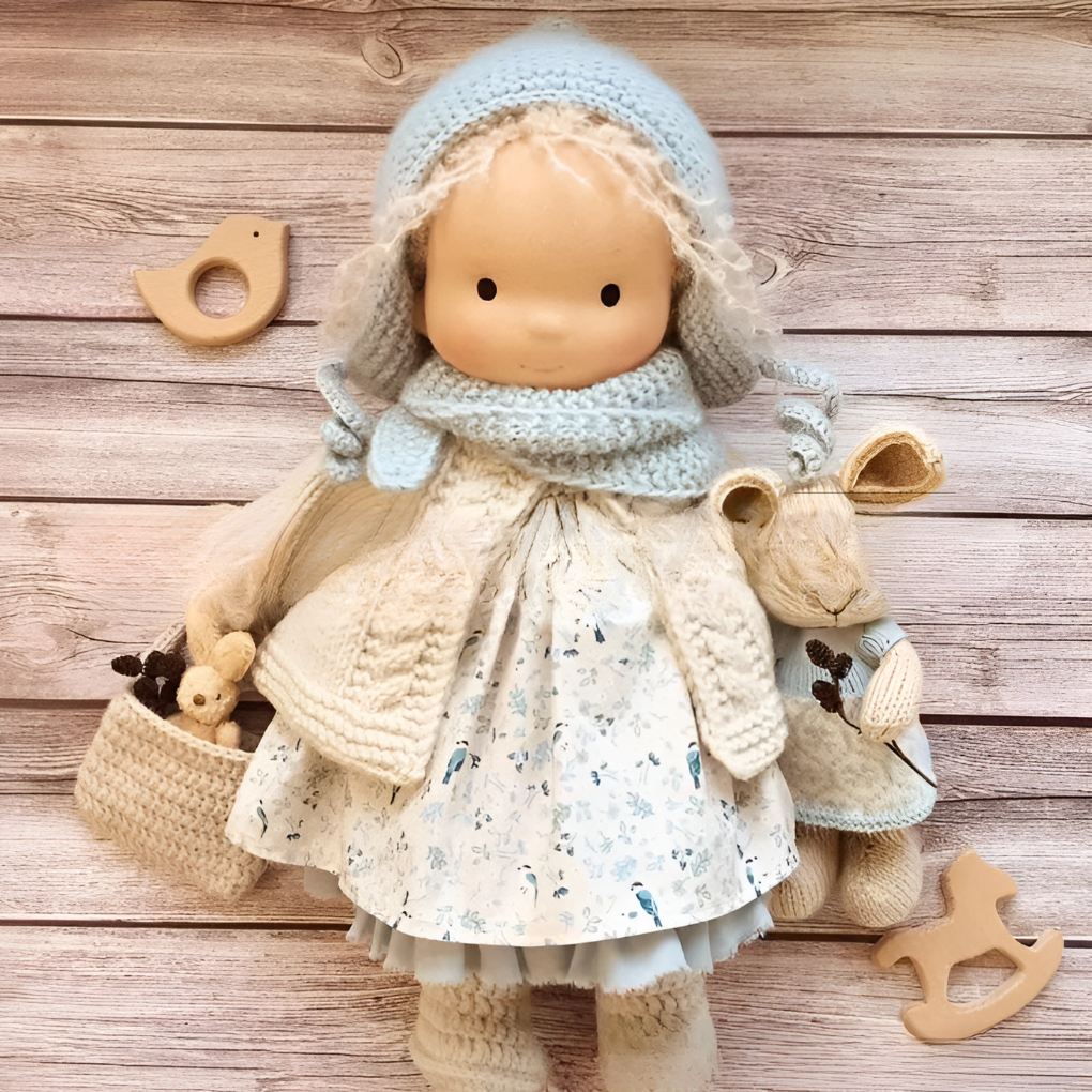 The simple design of this Waldorf cuddly doll encourages creative interpretation.
