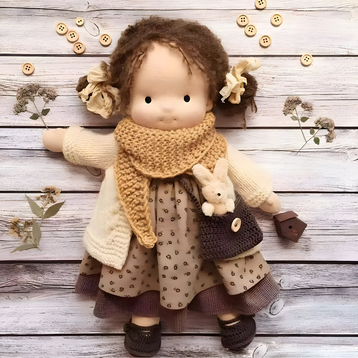 Wearing a pink dress, this handmade Waldorf doll is charming and sweet.