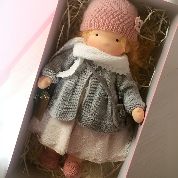 Wool-stuffed Waldorf doll, providing a comforting and natural sensory experience.