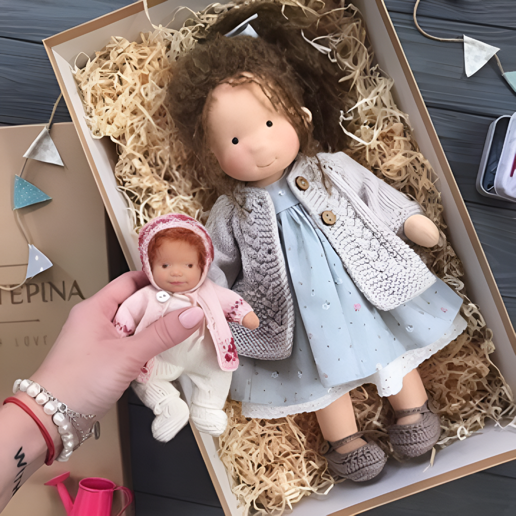 Child development toy: a beautiful handmade Waldorf cuddly doll for growing minds.