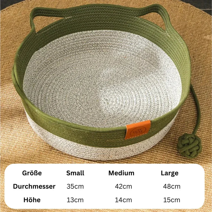 Durable handwoven cotton rope cat bed in green, offering cozy comfort. Eco-friendly pet furniture for feline friends.
