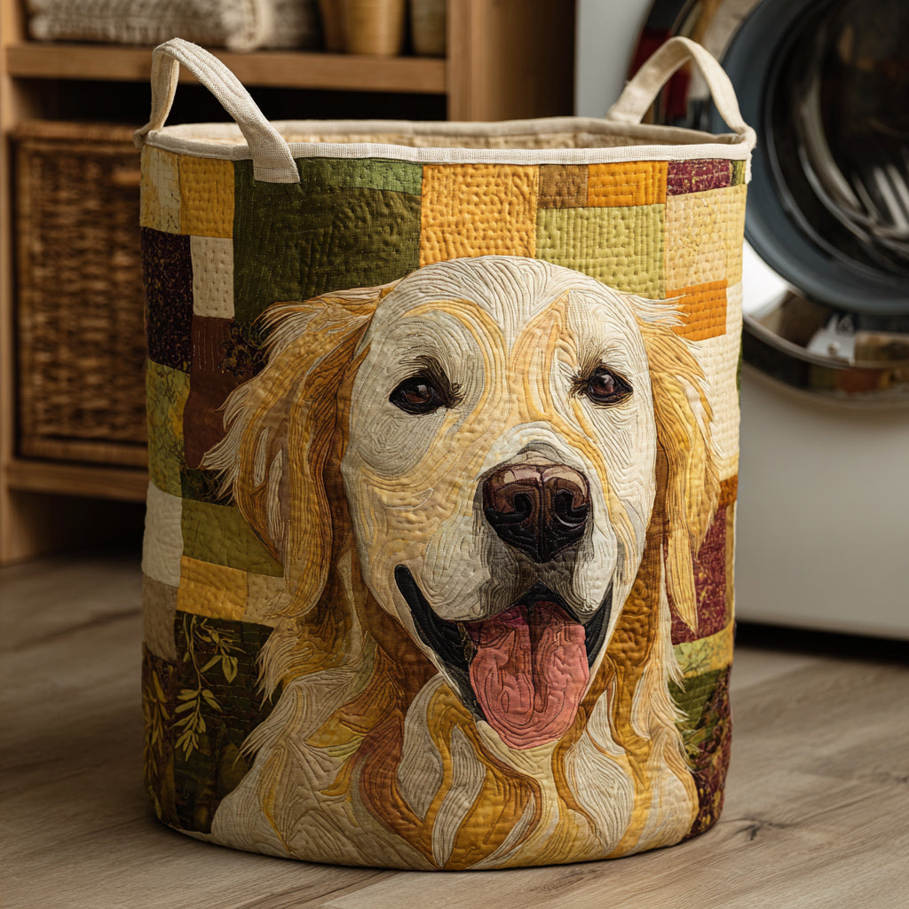 Happy Golden Retriever quilted laundry basket for home organization, dog lover storage solution, decorative & foldable.