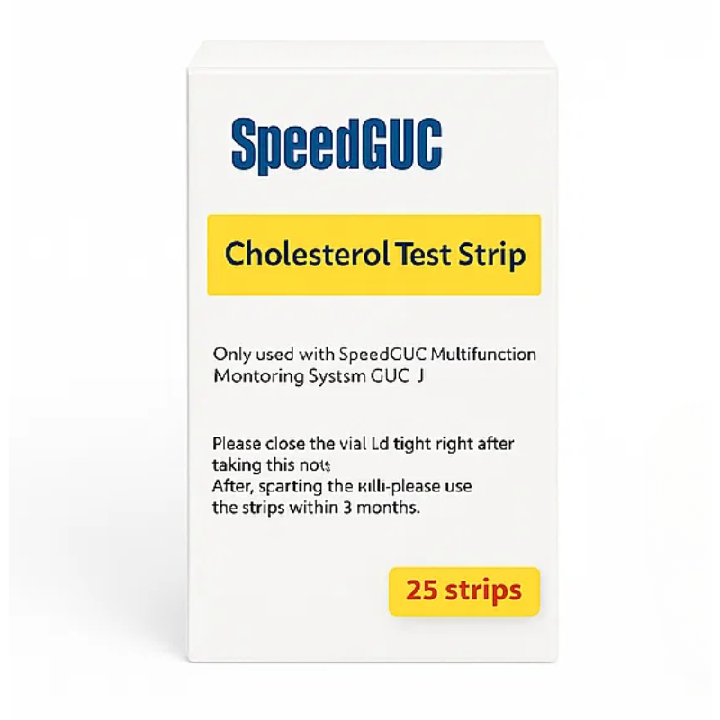 Health monitor test strips & lancets kit for accurate at-home testing of blood glucose, cholesterol, & uric acid levels.