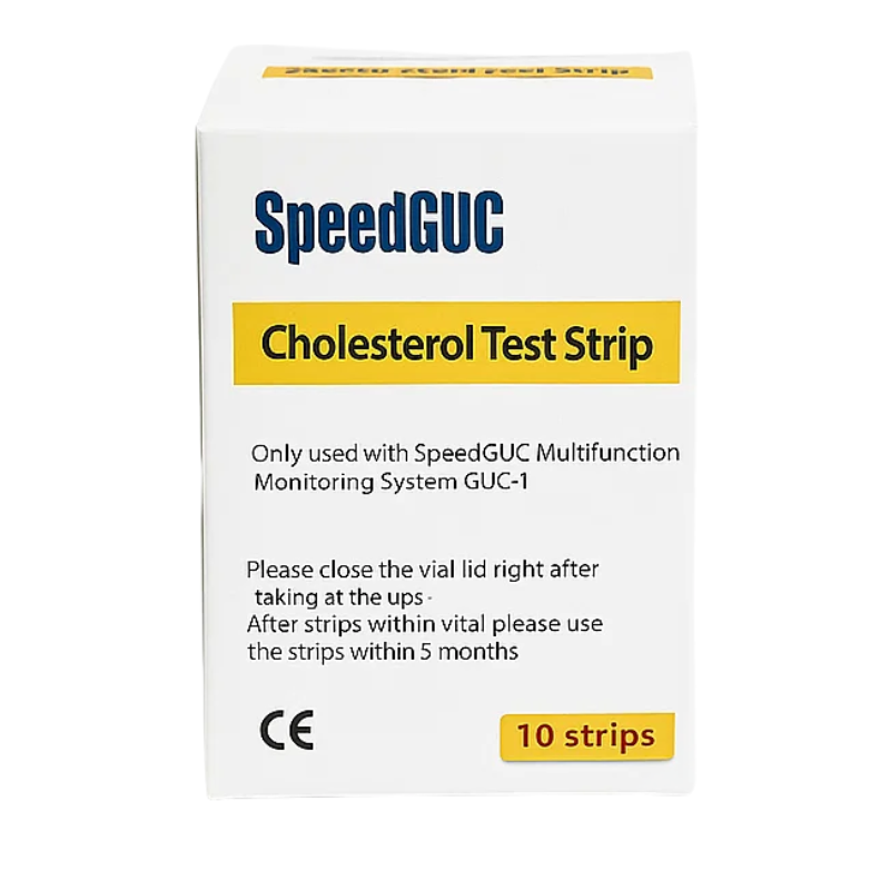 At-home health testing: a kit of accurate test strips & lancets for easy monitoring of blood glucose, cholesterol, uric acid.