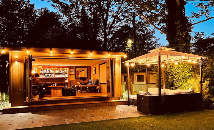 Multiple heavy duty outdoor LED string lights connected together for extended coverage.