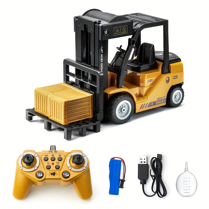 Heavy duty RC forklift with working lights and detachable trailer, 1:24 scale for kids' construction play.