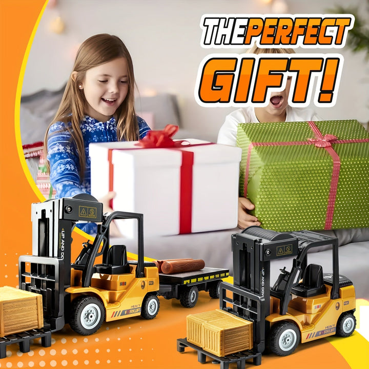 Authentic 1:24 scale RC forklift toy, heavy duty design, with operational lights and a detailed trailer.