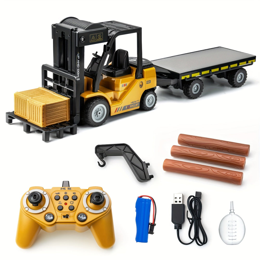 Remote control forklift toy, 1:24 scale, featuring bright lights and a sturdy trailer, perfect for RC enthusiasts.