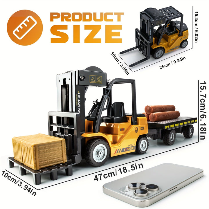 Kids' heavy duty RC forklift with trailer & lights, a 1:24 scale construction vehicle for interactive playtime fun.