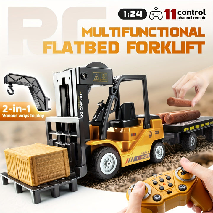 Detailed 1:24 scale remote control forklift toy, complete with lights and a heavy-duty detachable trailer.