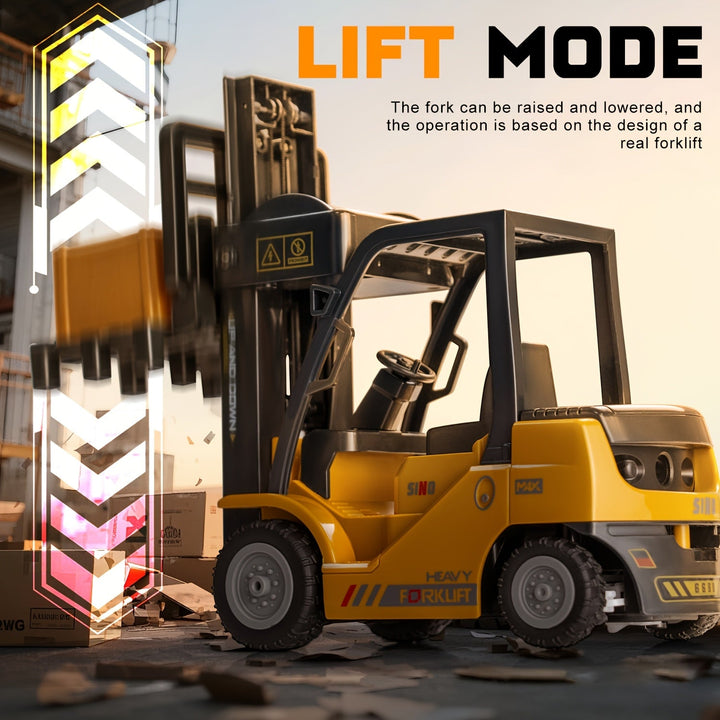 Interactive RC forklift model, 1:24 scale, with functional lights and a trailer for realistic construction play.