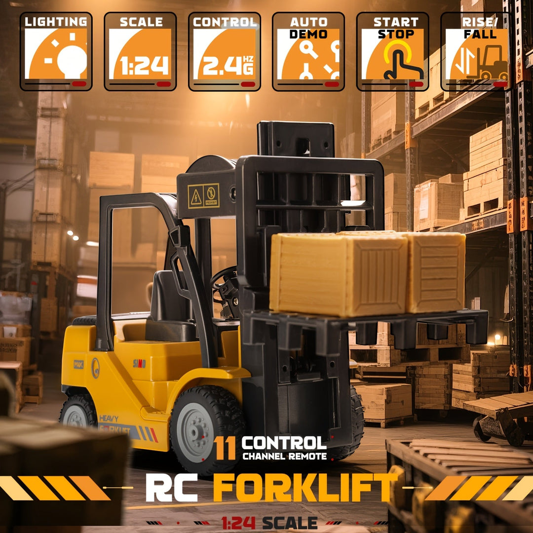 Durable remote control forklift toy, 1:24 scale, featuring working lights and an accompanying trailer.