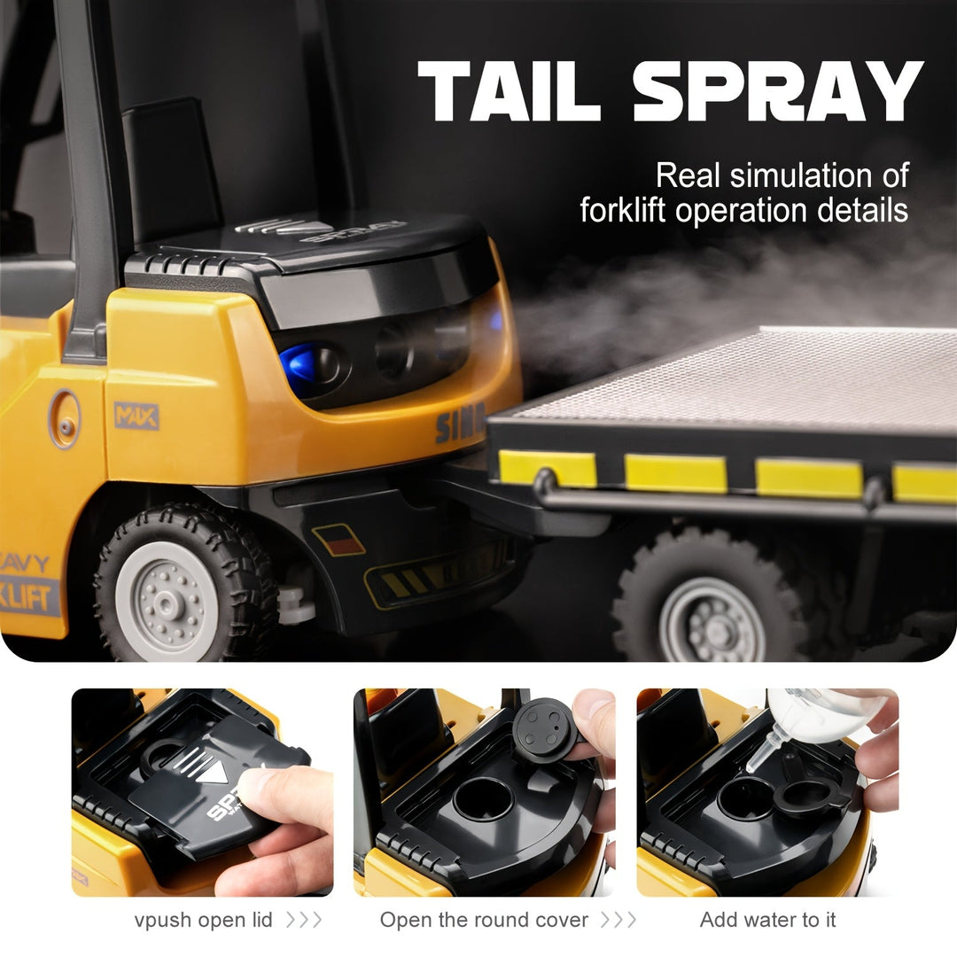 Gift-ready heavy duty RC forklift, 1:24 scale, with bright lights & trailer, ideal for young construction fans.