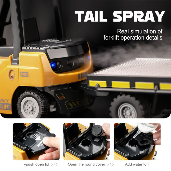 Gift-ready heavy duty RC forklift, 1:24 scale, with bright lights & trailer, ideal for young construction fans.