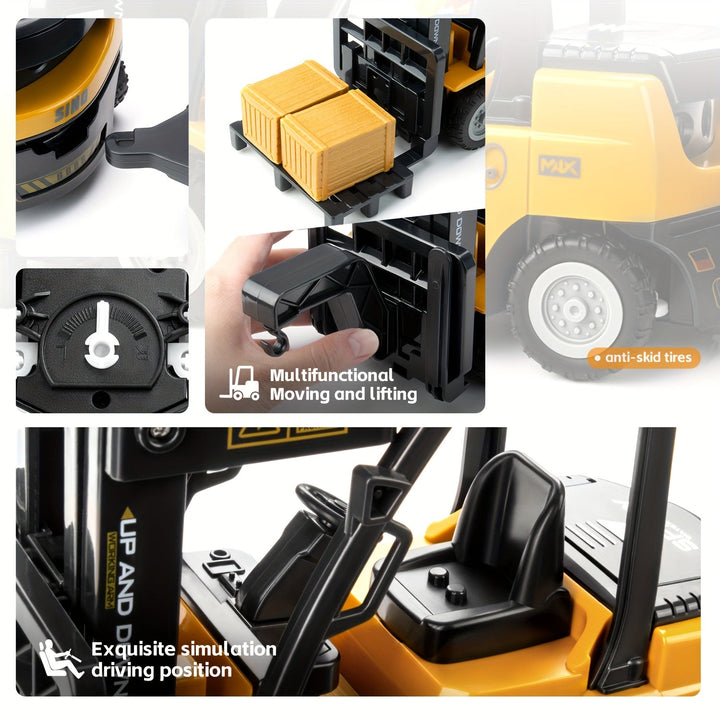 RC construction vehicle: 1:24 scale heavy duty forklift with realistic lights and a functional trailer for play.