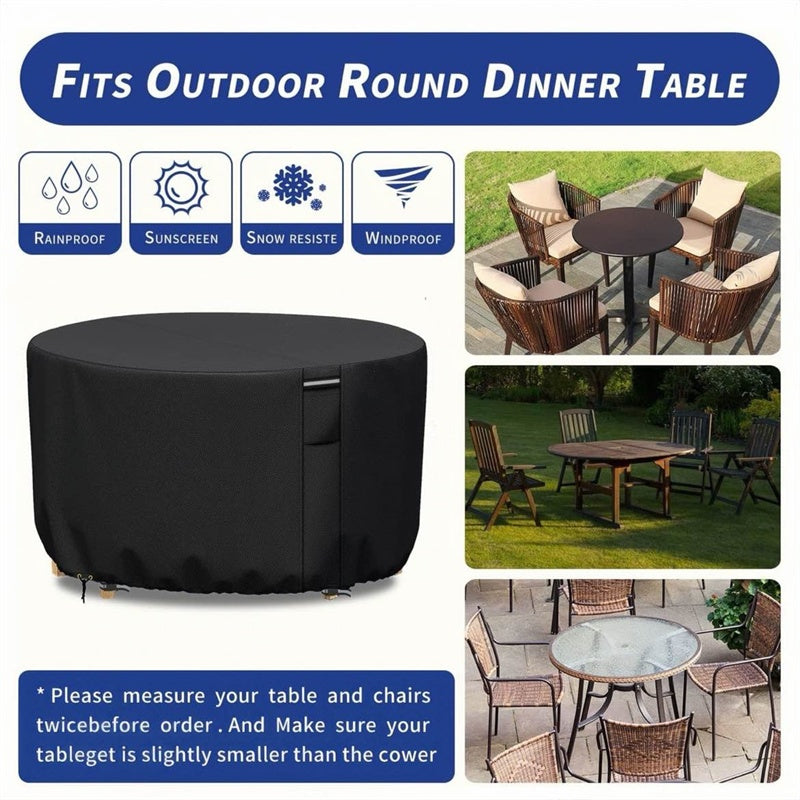 Heavy-duty round outdoor furniture cover, waterproof & weather-resistant, for patio tables with air vent.