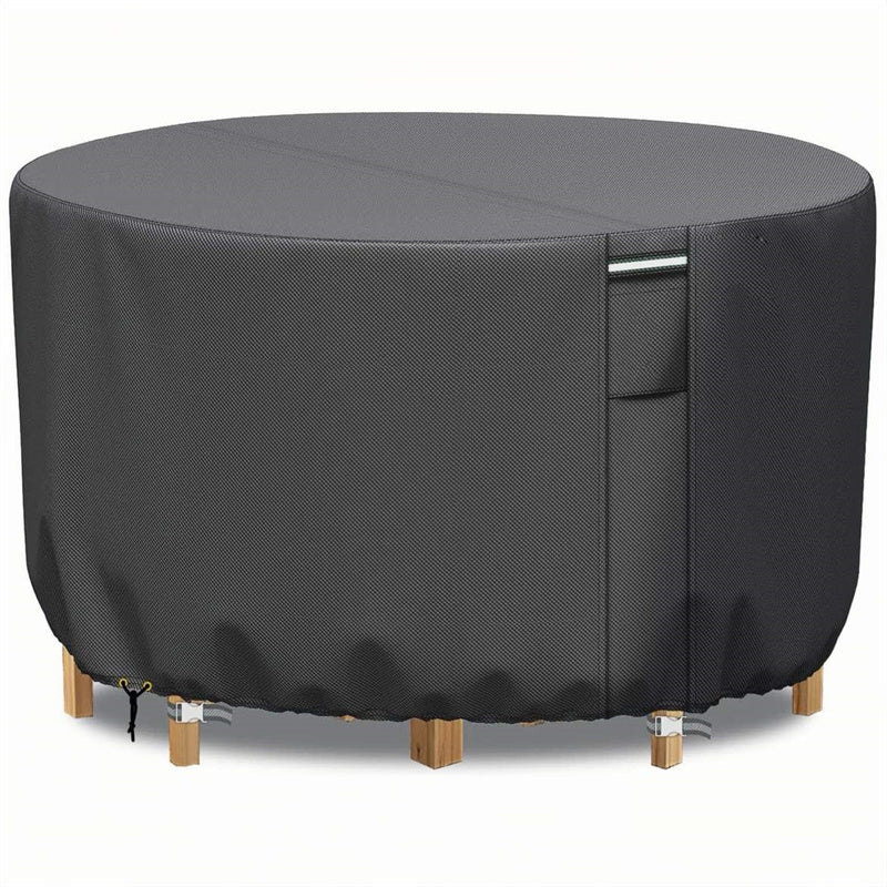 Round outdoor furniture cover, waterproof & durable, with air vent for all-weather patio protection.