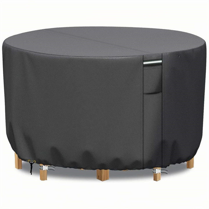 Round outdoor furniture cover, waterproof & durable, with air vent for all-weather patio protection.