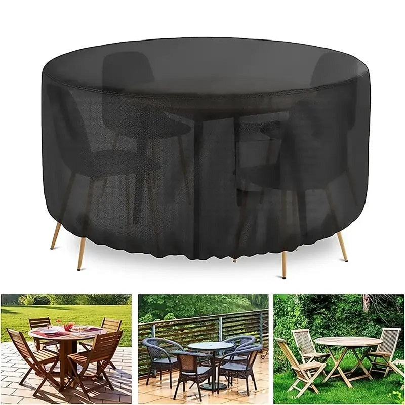 Garden patio furniture cover, round, heavy-duty, air vent, protects outdoor tables from weather.