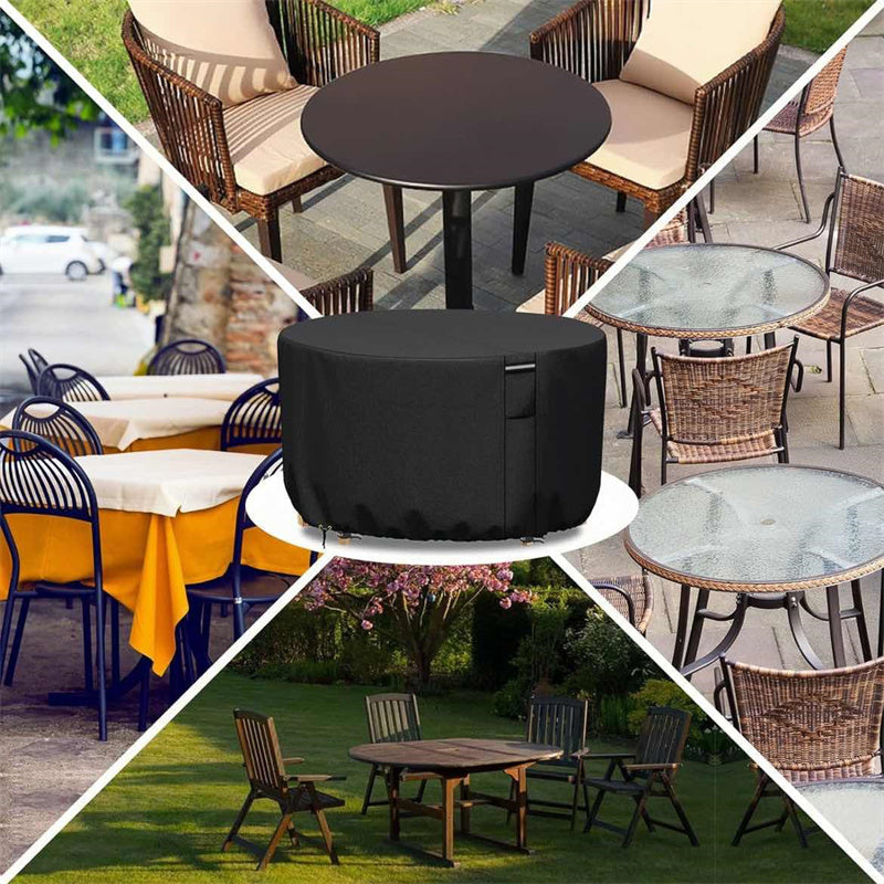 Weather-resistant round outdoor table cover, heavy-duty, waterproof, with air vent for patio use.
