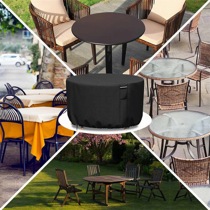Weather-resistant round outdoor table cover, heavy-duty, waterproof, with air vent for patio use.