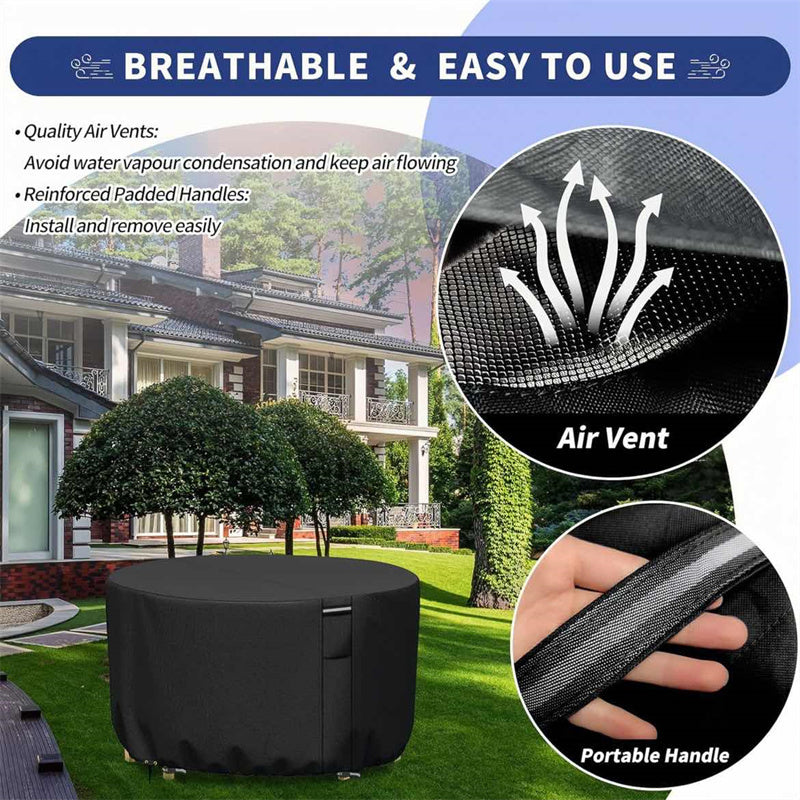 Round heavy-duty outdoor furniture cover with air vent, ideal for waterproof patio table protection.