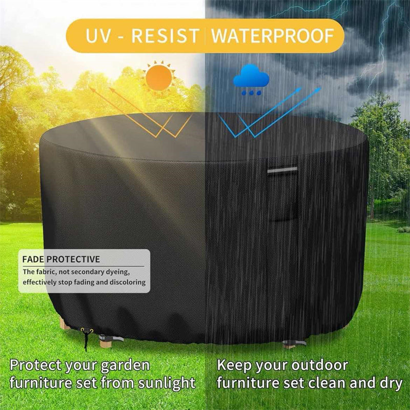 Round patio furniture cover, heavy-duty & waterproof, with air vent for outdoor garden table protection.