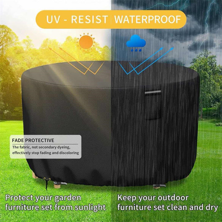 Round patio furniture cover, heavy-duty & waterproof, with air vent for outdoor garden table protection.
