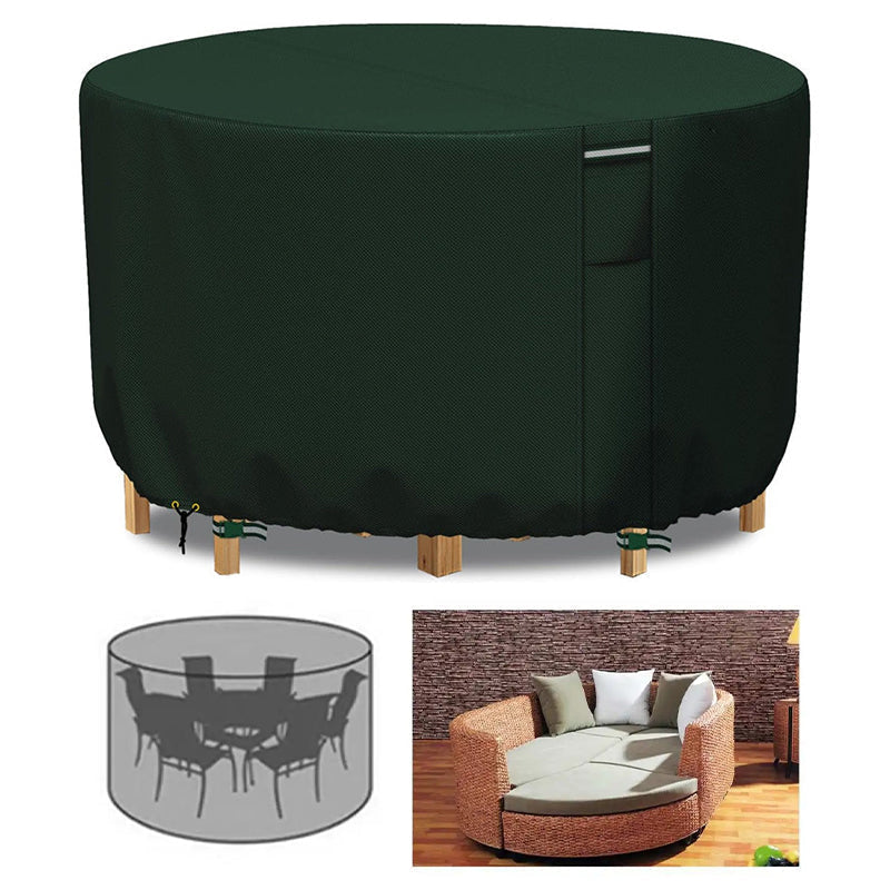 Round patio table cover, heavy-duty waterproof fabric, outdoor protection with built-in air vent.