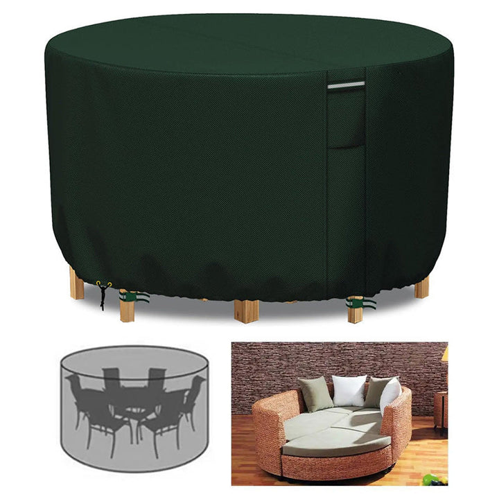 Round patio table cover, heavy-duty waterproof fabric, outdoor protection with built-in air vent.