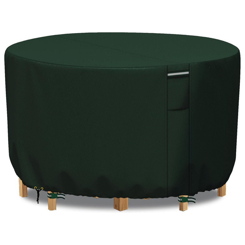 Heavy-duty round outdoor cover with air vent, weather-resistant for patio tables & garden furniture.
