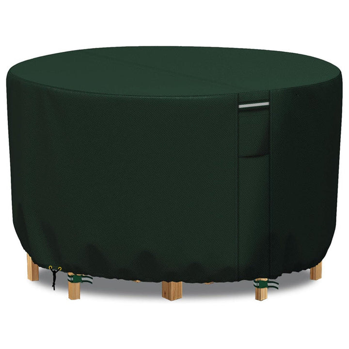 Heavy-duty round outdoor cover with air vent, weather-resistant for patio tables & garden furniture.